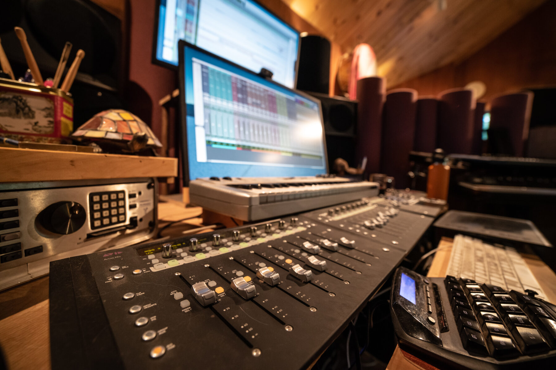 Audio mixing board and gear at Possum Hall recording studio in Carlisle, MA